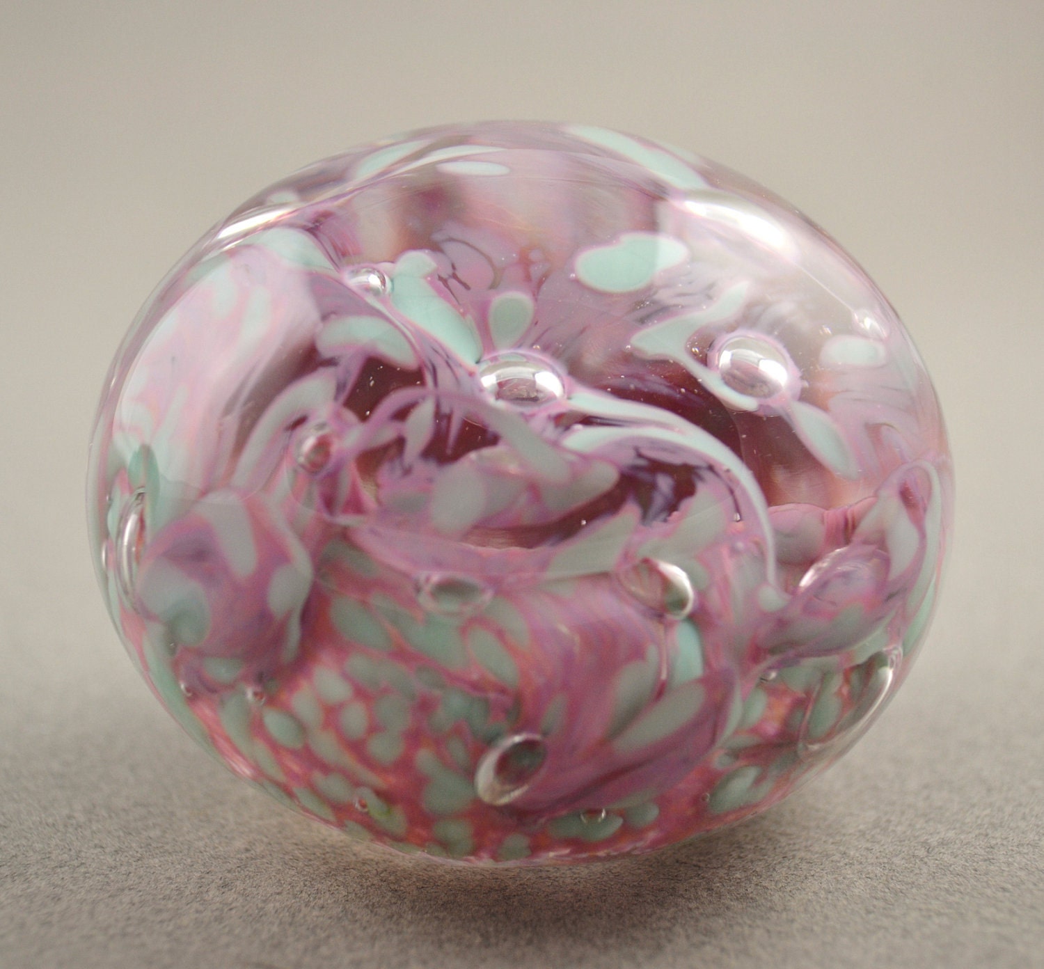 Mint and Flamingo Pink Handblown Glass Paperweight