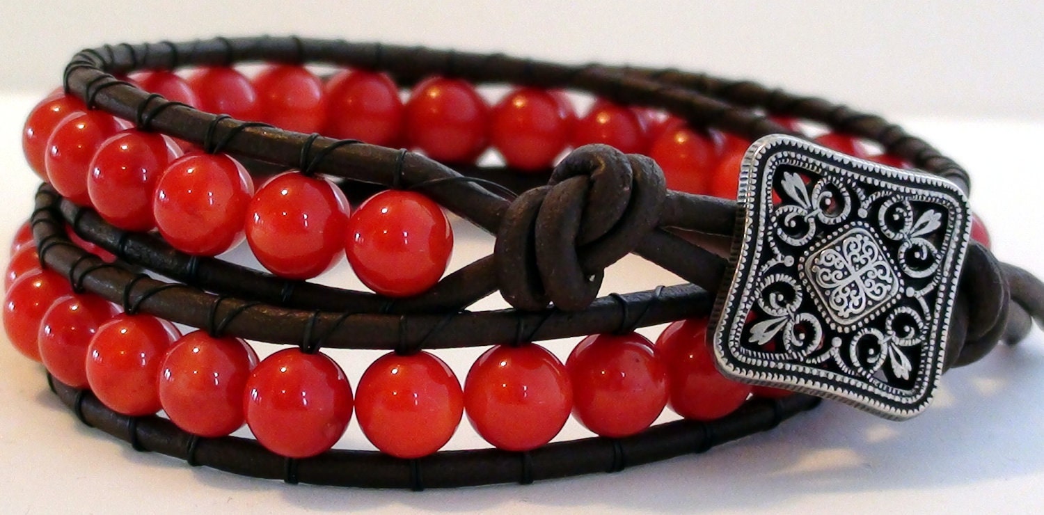 Red Bamboo Coral Leather Wrap Bracelet