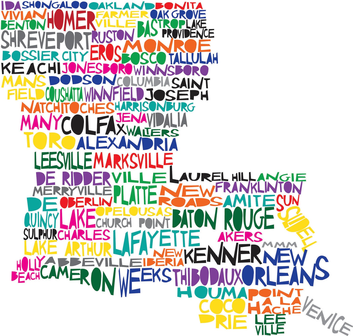 LOUISIANA Digital Illustration Print of Louisiana State with Baton Rouge New Orleans