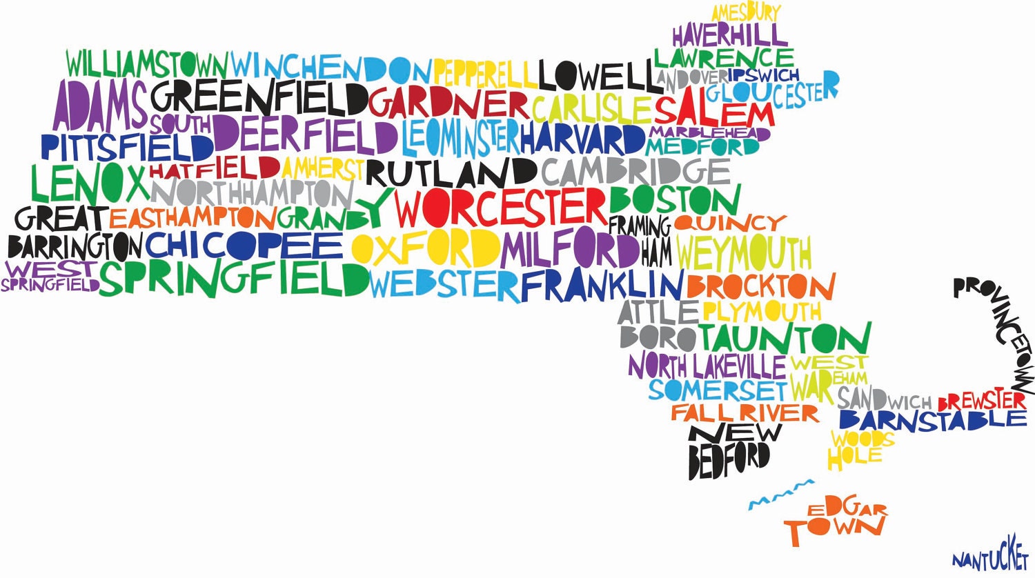 MASSACHUSETTS Digital illustration Print of Massachusetts State with Cities Listed