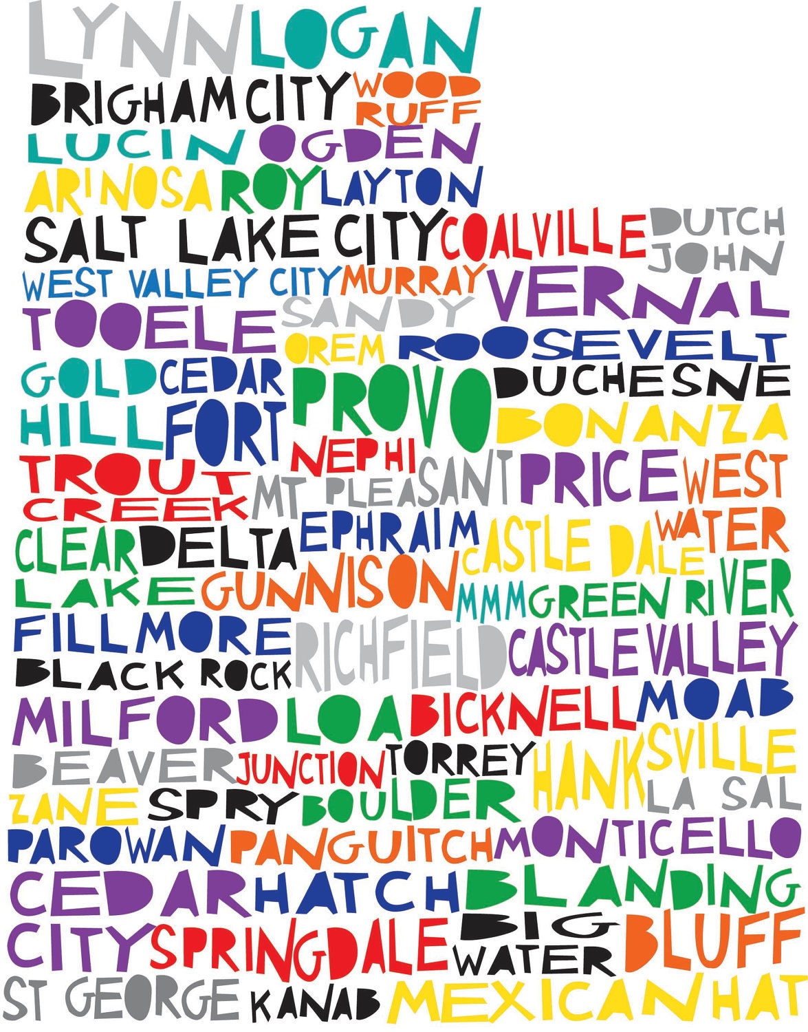 UTAH Digital Ilustration State Print Map with Provo Salt Lake City