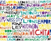 Large KANSAS 17x11 State of Ohio Illustration Print with Tupeka Witchita Kansas City