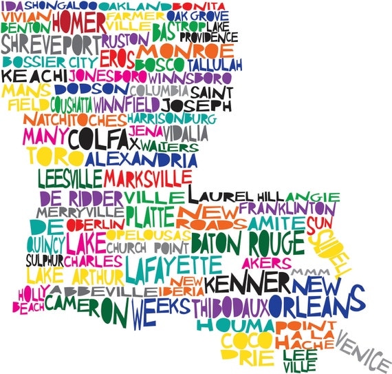 LOUISIANA Digital Illustration Print of Louisiana State with Baton Rouge New Orleans