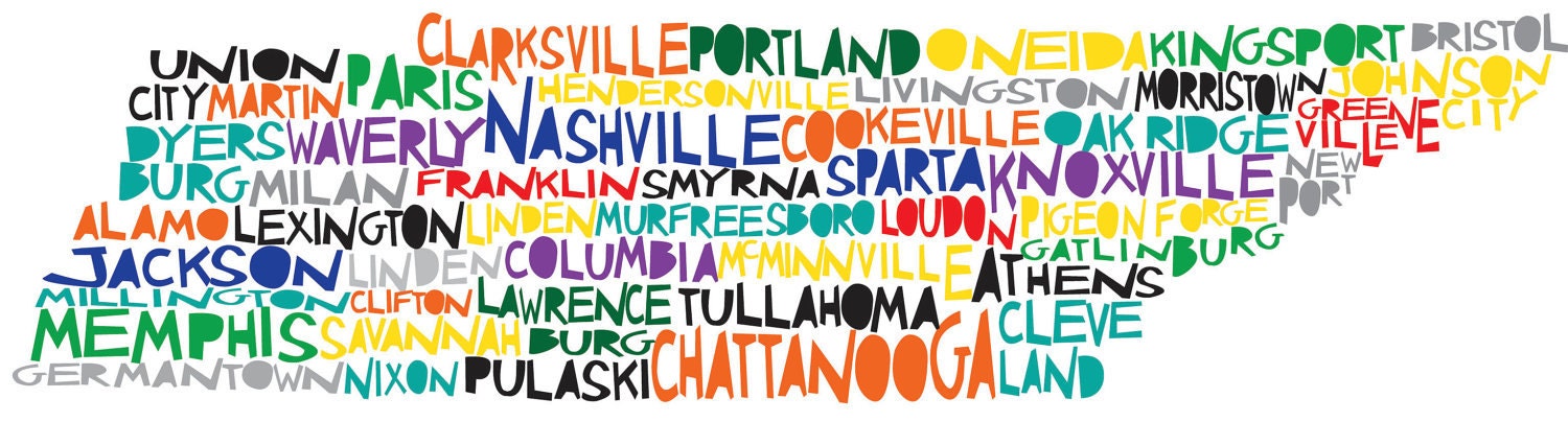 TENNESSEE Digital Illustration Print of Tennessee State with Cities Listed
