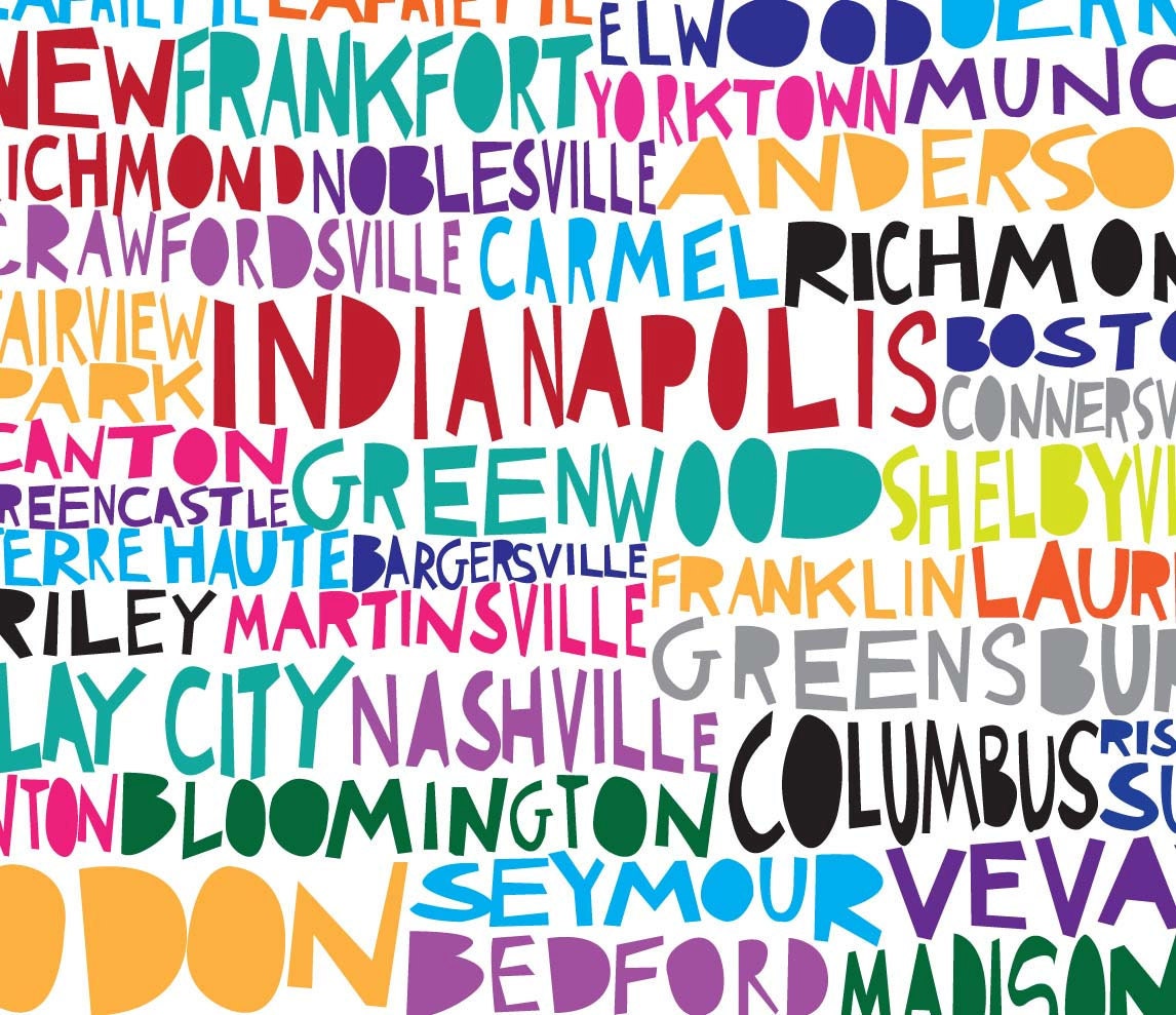 INDIANA Digital Ilustration Indiana State Print Map with Cities Listed