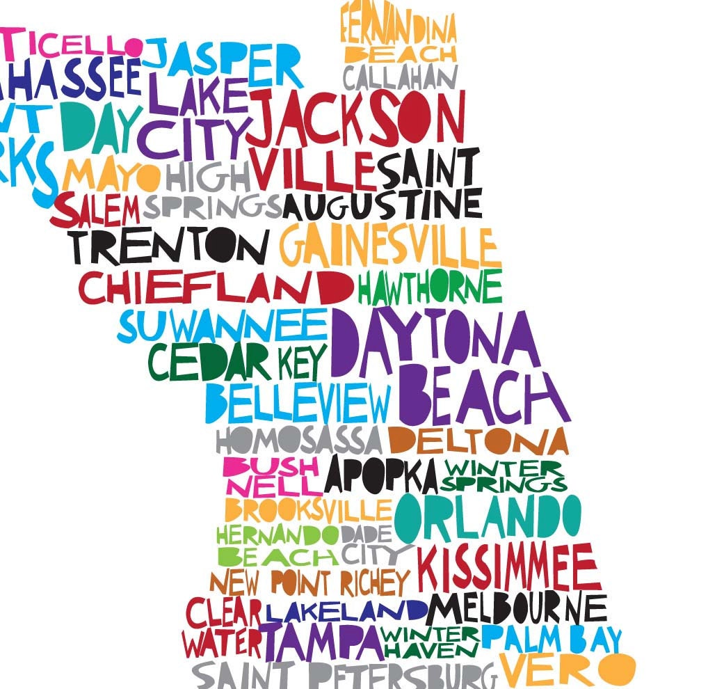FLORIDA Digital illustration Print of Florida with Cities