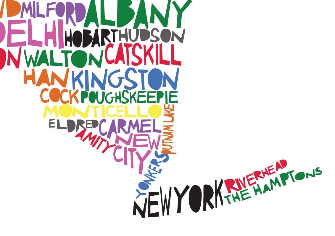 NEW YORK Digitai Illustration Print of New York State with Cities