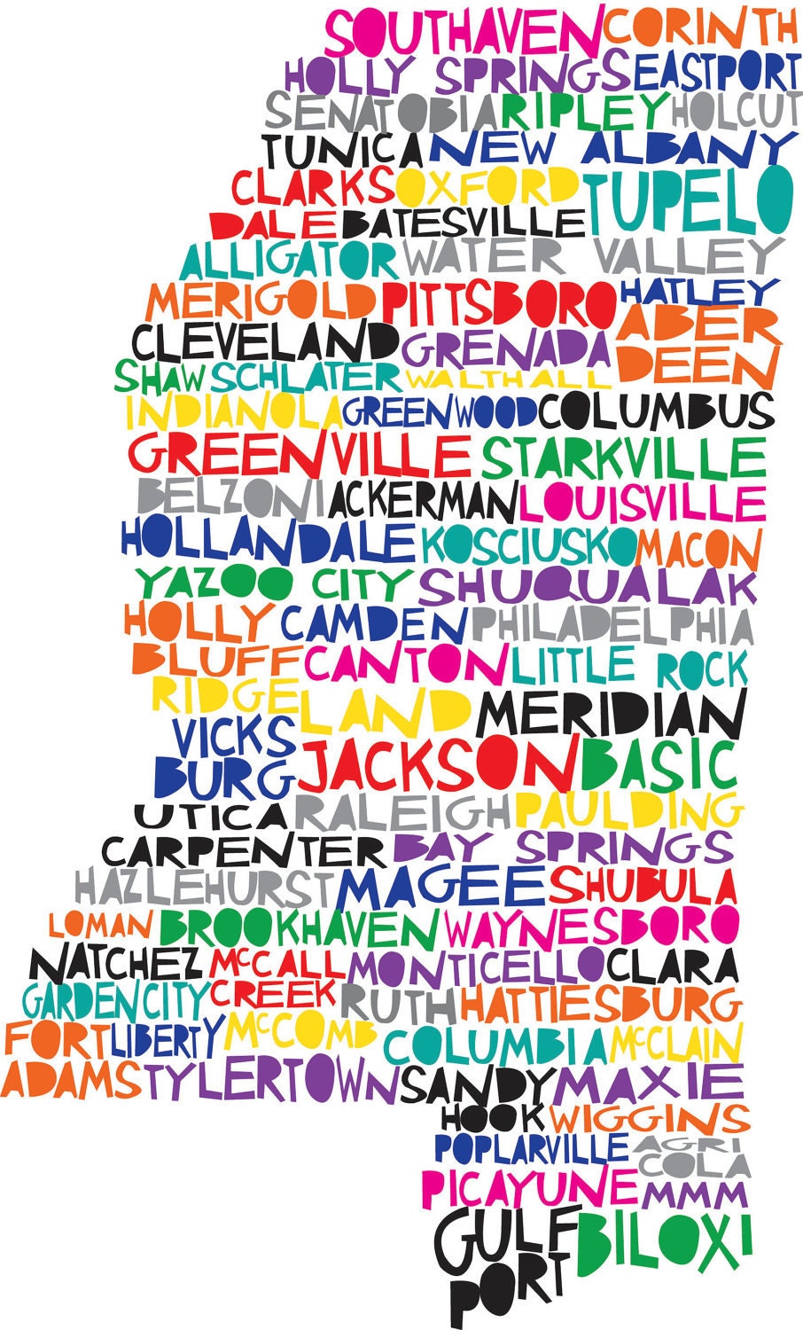 MISSISSIPPI Digital illustration of Mississippi State with Cities Listed