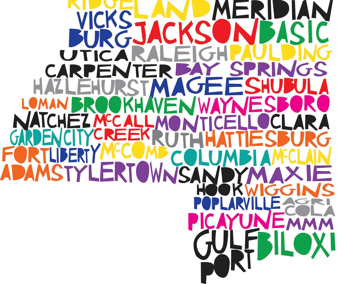 MISSISSIPPI Digital illustration of Mississippi State with Cities Listed