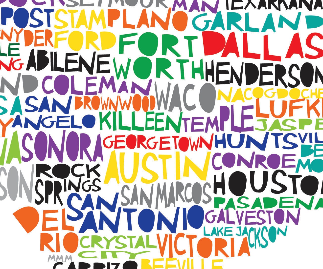 TEXAS Digital Illustration Print of Texas State with Cities Listed