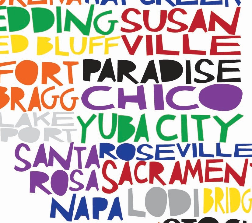CALIFORNIA Digital Illustration Print of California State with Cities Listed