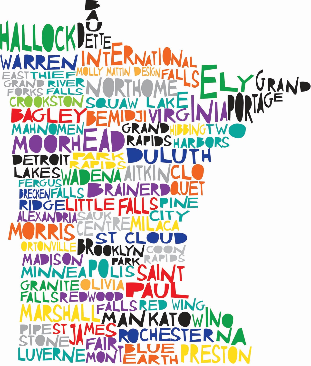 10x14 MINNESOTA Digital Ilustration State Print Map with Minneapolis St Paul
