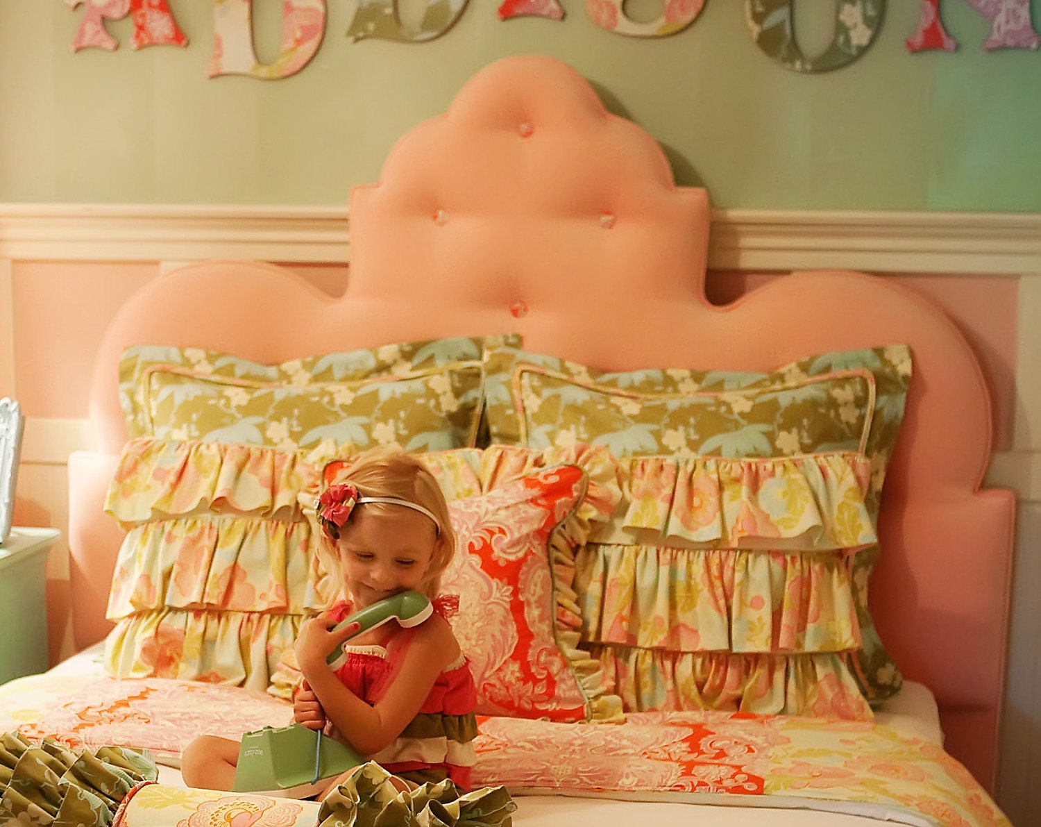 Beautiful Custom Made Queen Pink Velvet Upholstered Tufted Headboard