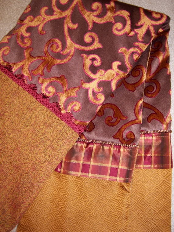 Brown Throw Blanket With Raised Burgundy Trimmed Gold Scrolls