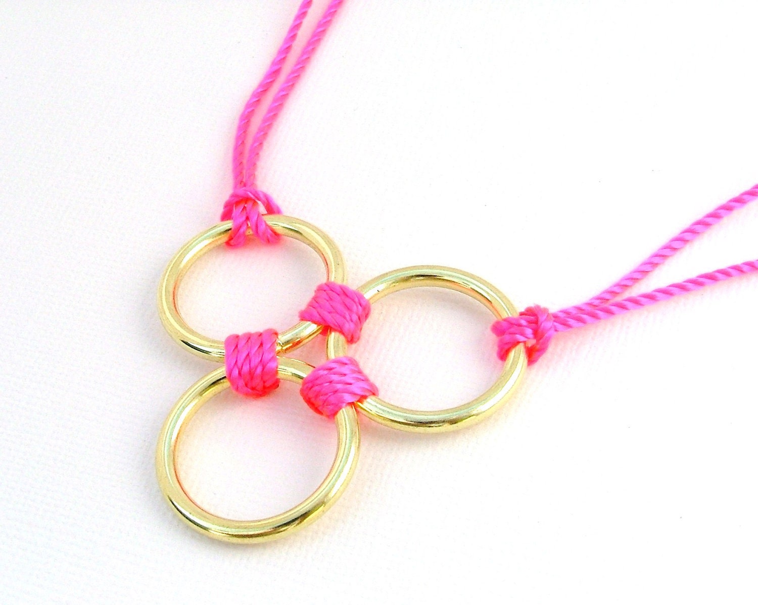 Neon Necklace Pink with Gold Tone Rings - Adjustable