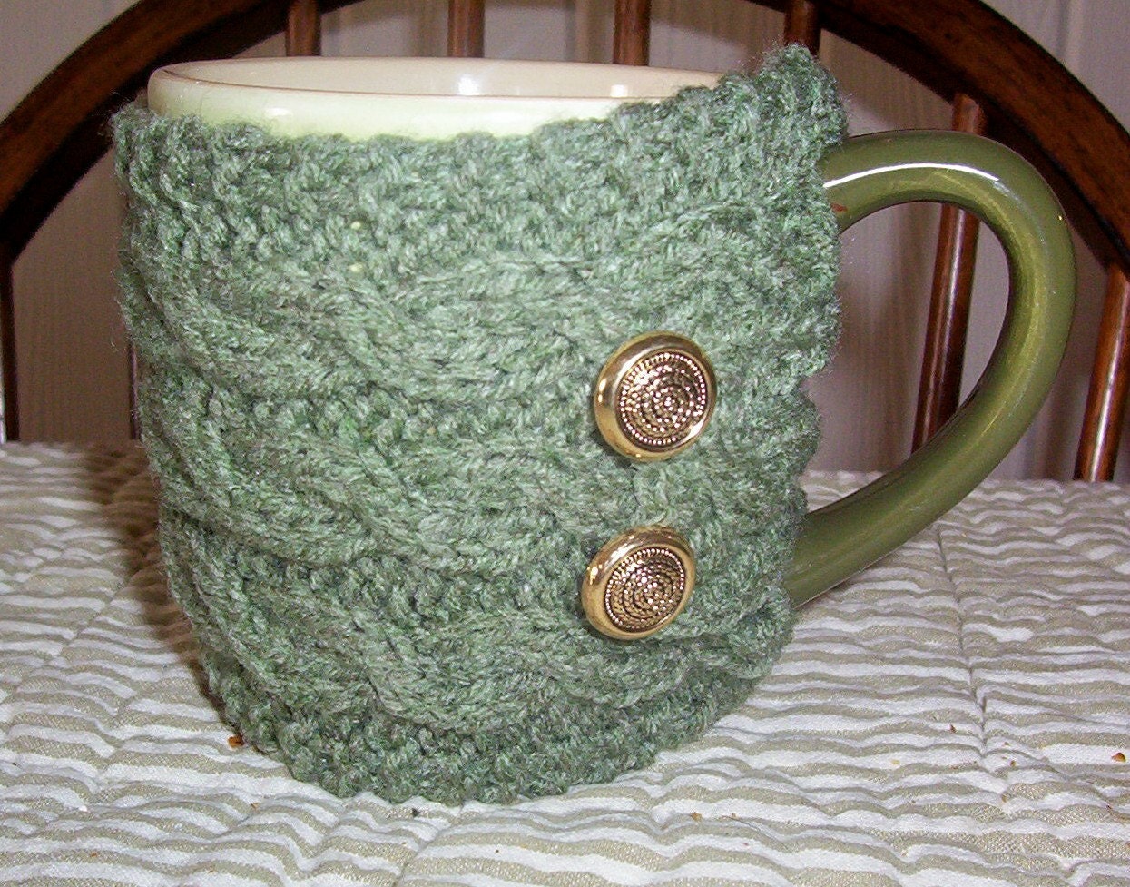 Coffee Tea Mug Cup Cozy Sleeve  - Knit Cabled Sage Heather or Any Color Buttoned