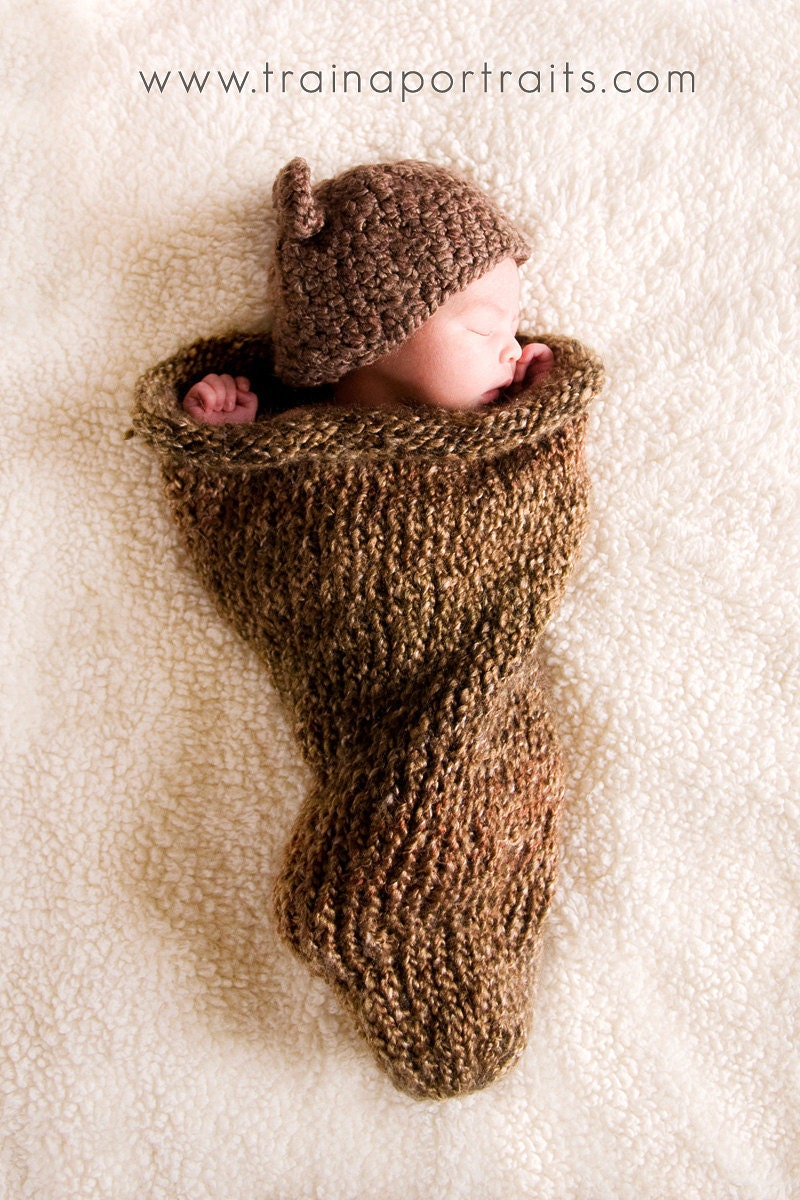 ON SALE  Baby Cocoon Bear Hat Newborn Set Wrap Blanket Pod Knit Boy Girl Unigender Photo Prop Brown or Any Color