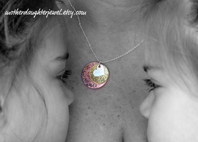 Hand Stamped Stacked Mixed Metal Necklace w/Sterling Silver Hammered Heart for Moms, Grandmas, Friends