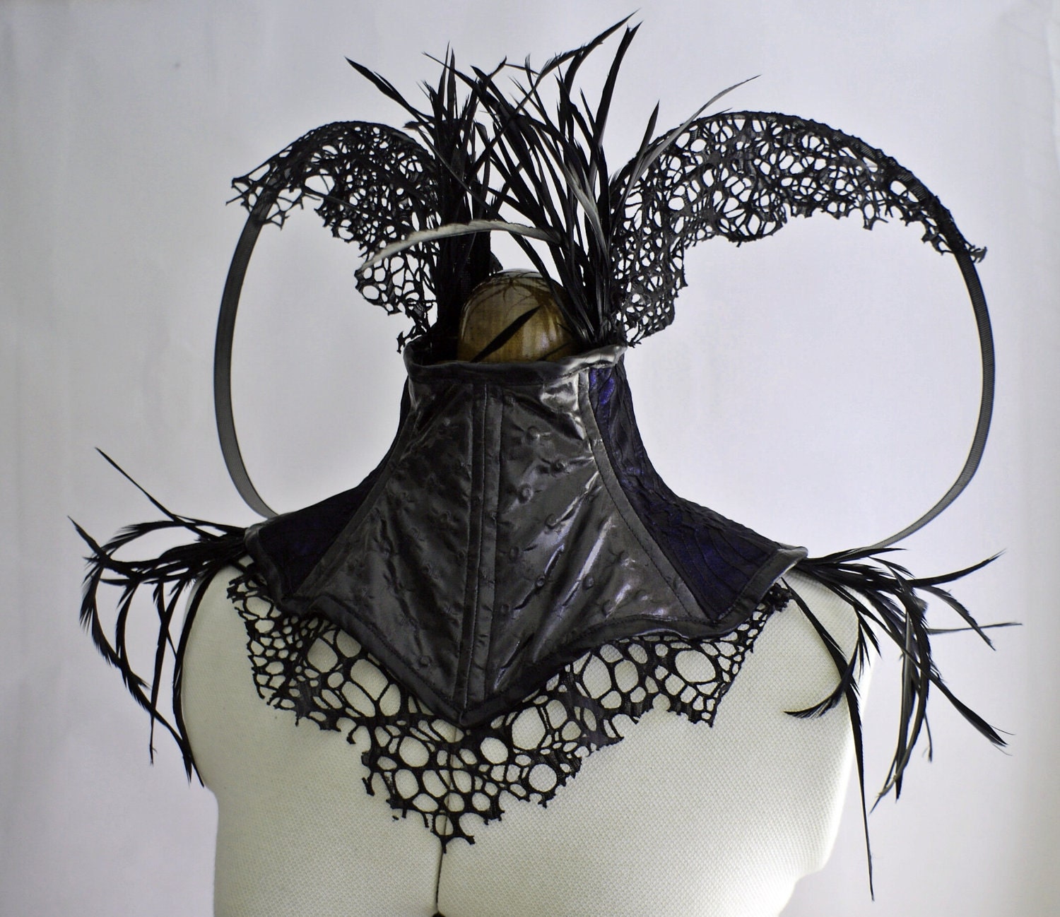 Black feather, Steel Boned, 'Lizard Skin', Neck Corset with Blue/Black fabric