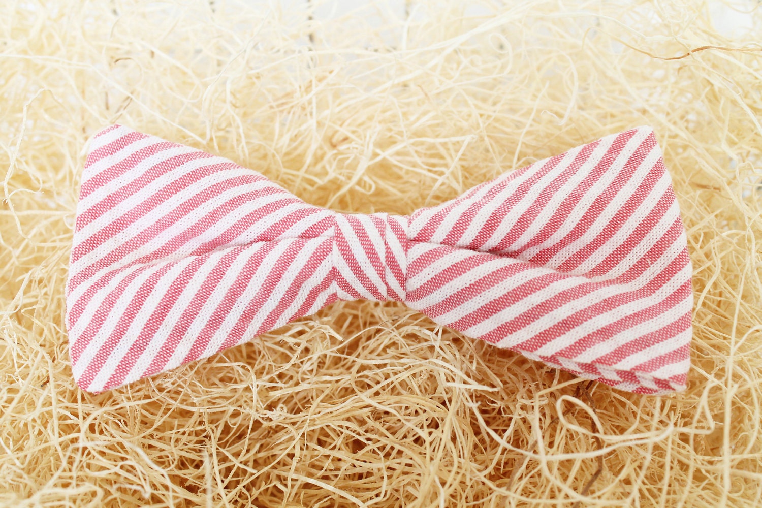 Handmade Red Seersucker Clip On Bow Tie