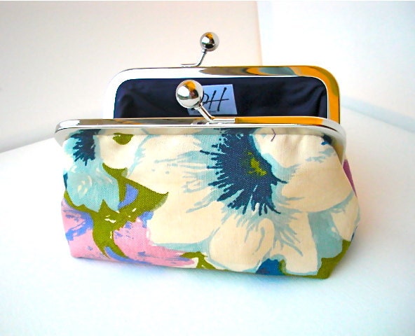 Vintage upcycled olive green, fushia, and  white clutch - small