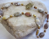 Crazy lace agate necklace in fall colors with pearls and shell beads