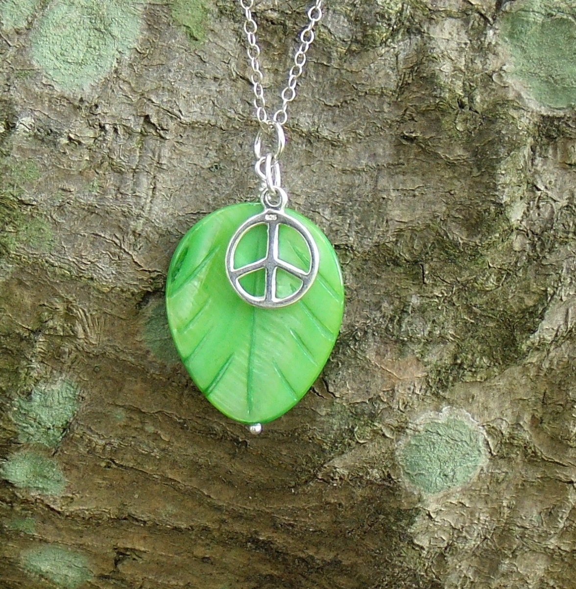 Green Peace Necklace with Leaf, Sterling Silver Necklace, 18"