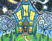 The Halloween House - 6x9 print - by Brenna White - ghosts black cat  moon stars fall autumn halloween