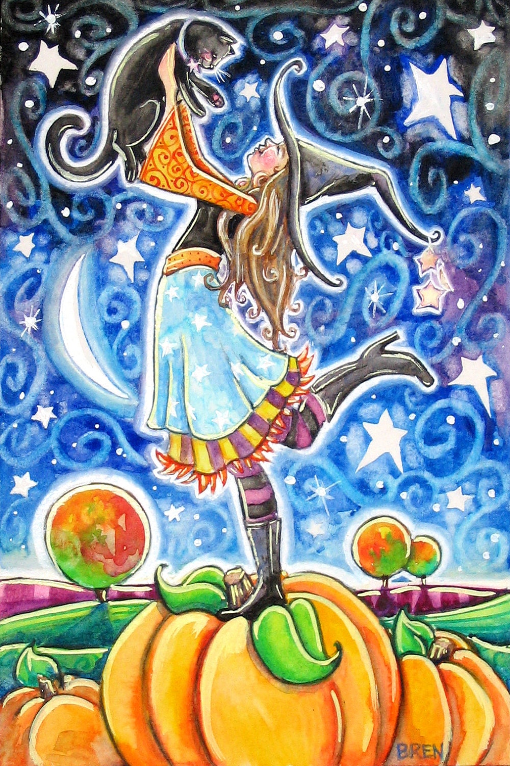 Bewitched - 6x9 print - by Brenna White - witches black cat  moon stars fall autumn halloween pumpkins