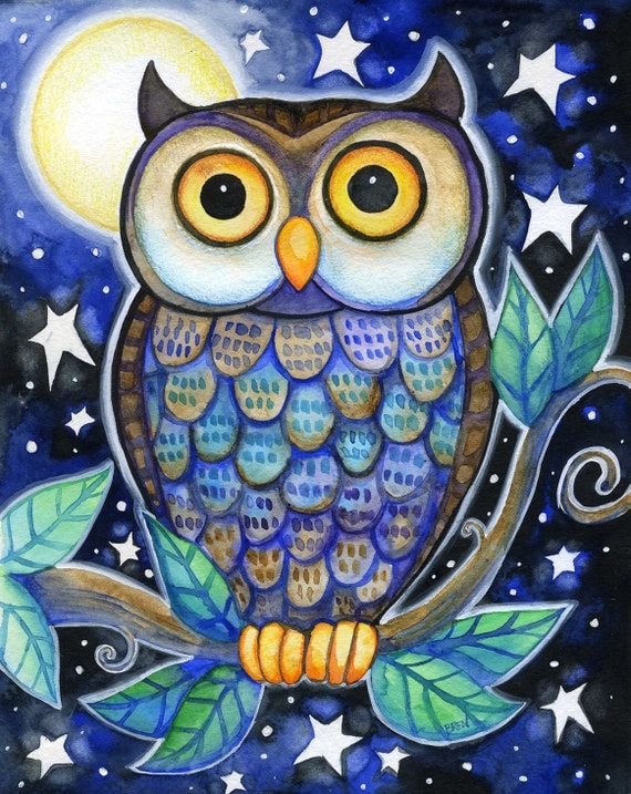 Night Owl - 8x10 Colorful Owl Moon Star Print