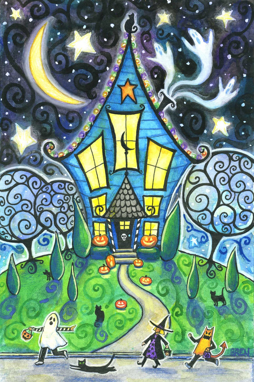 The Halloween House - 6x9 print - by Brenna White - ghosts black cat  moon stars fall autumn halloween