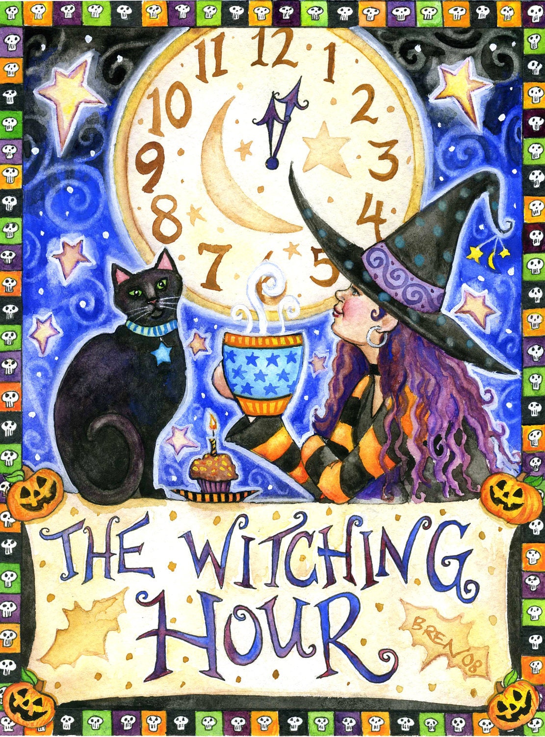 The Witching Hour - 5x6.75 print - by Brenna White - witch black cat  moon stars fall autumn halloween