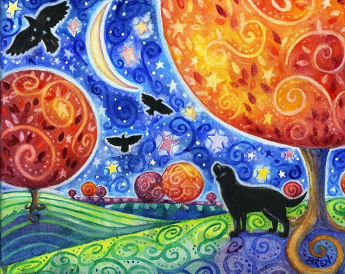 Birds in Flight - colorful whimsical autumn black lab raven autumn fall PRINT by Brenna White