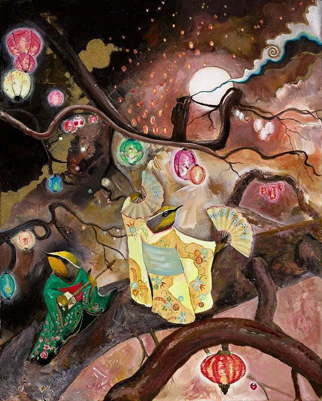 Kimono Birds, whimsical, kimono, birds, music, lanterns, tree, japanese birds