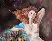Fine art print, beautiful girl, woman, gold, nude, city, Art Nouveau, 11x14 print