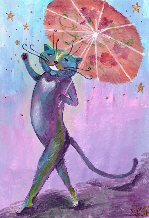 Aren't You Something 8x10ish  Giclee print, cute cat, kitty, umbrella, whimsical, children's room