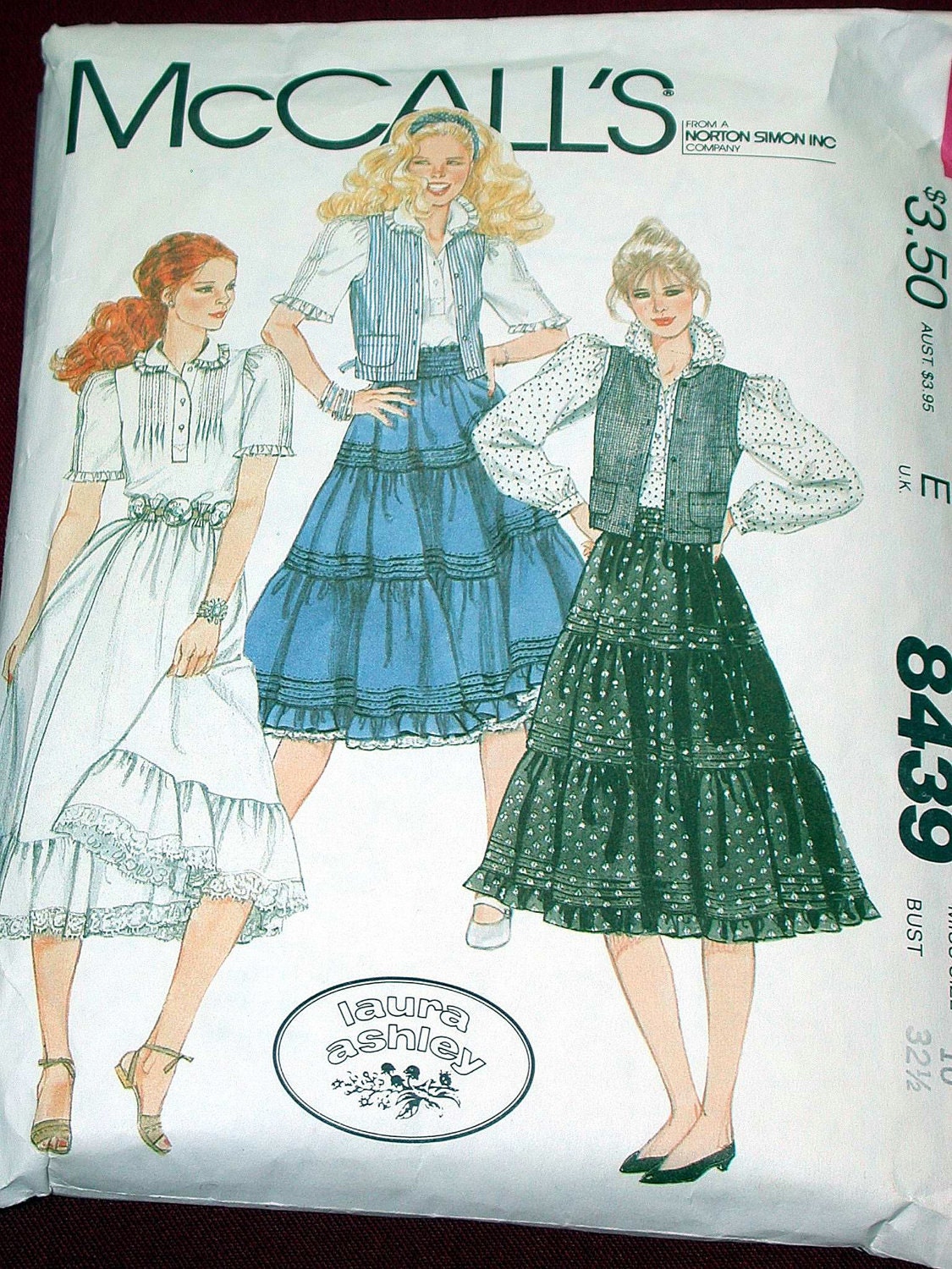 McCall's Laura Ashley Misses Skirt Pattern No 8439 Size 10 B 32 1/2" 1980s Blouse Vest Petticoat Rockabilly Tiered Skirt Ruffled Edge