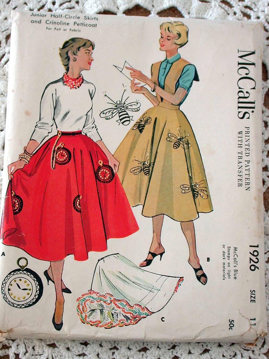 McCall's Skirt Pattern No 1926 Vintage 1950s UNCUT Size 11 Waist 24 1/2" Felt or Fabric Half Circle Skirt Crinoline Petticoat Poodle Bee Bop