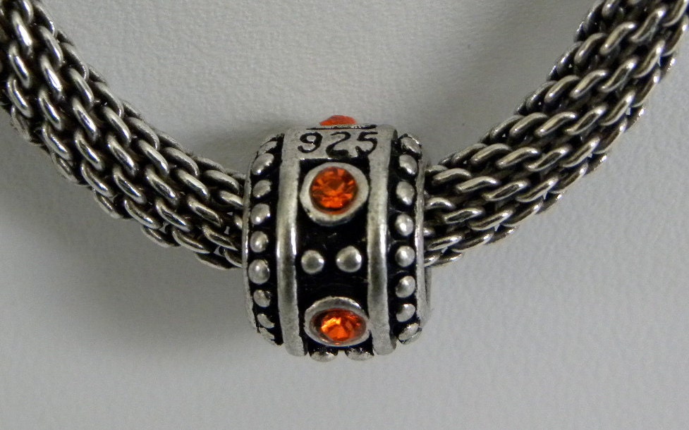 European Style 925 Sterling Silver and Autumn Orange Swarovski Crystal Charm Bead fits all European Bracelets Large 5mm Hole