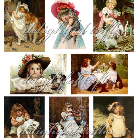 Collage Sheet Vintage Children with Pets ATC Size Digital Download