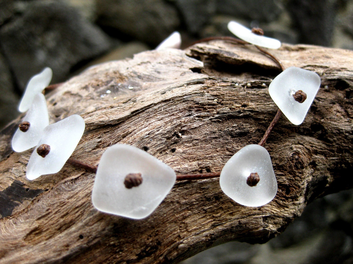 Hawaiian Clear Beach Glass on Brown Wax Cord Bracelet / Anklet with Puka Shell End Connector