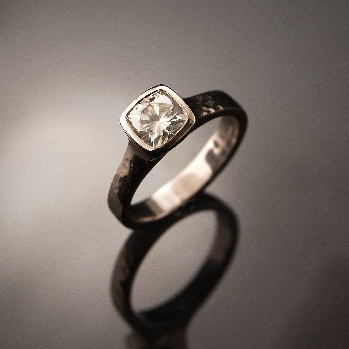 Moissanite Bezel Set Cushion Classic Solitaire Engagement Ring in Silver/Palladium