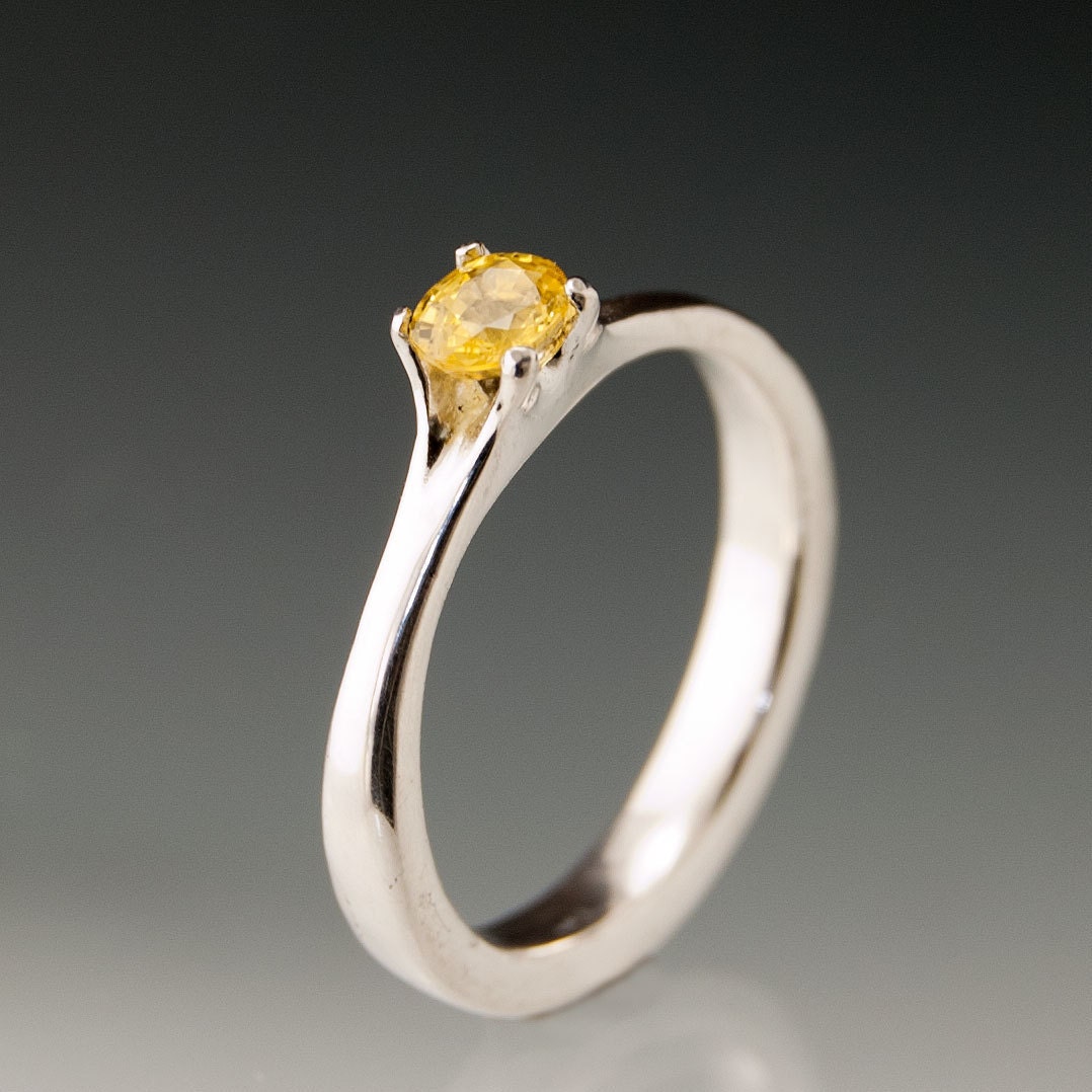 Yellow Fancy Sapphire Prong Classic Solitaire Engagement Ring, Sterling Silver