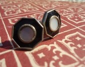 Antique cufflink earrings, Mother of Pearl and black celluloid