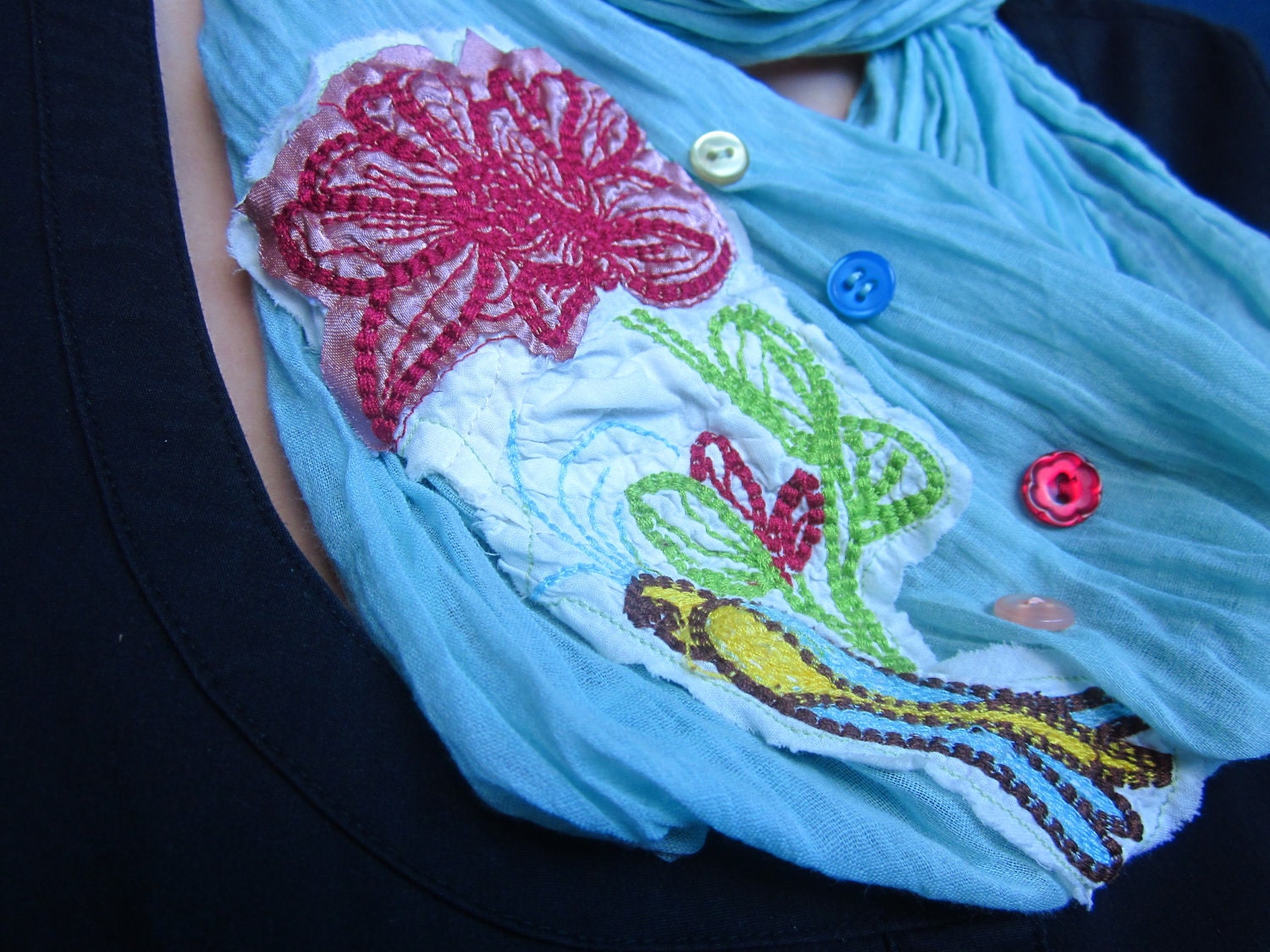 Blue Bird Infinity Scarf - Upcycled Embroidered Applique and Four Unique Buttons on a Teal Crinkled Linen Scarf