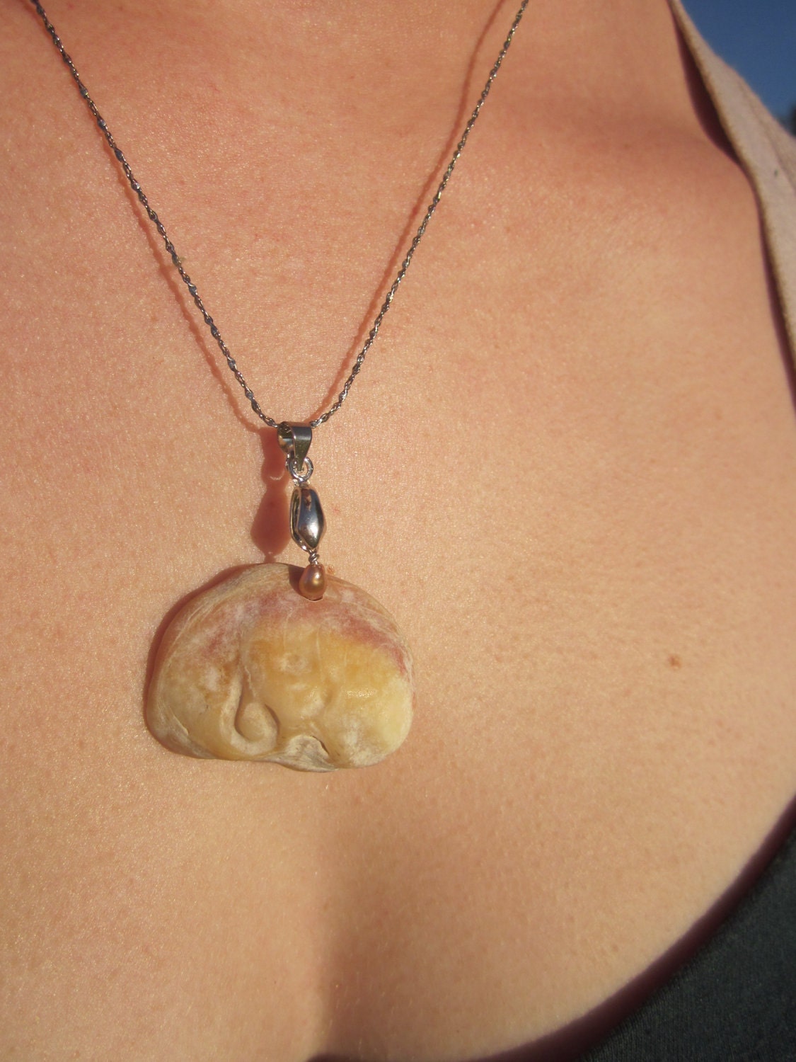 Engraved by the Ocean Peach and Ivory Shell Pendant with Soft Pink and Bordeaux Seed Pearls