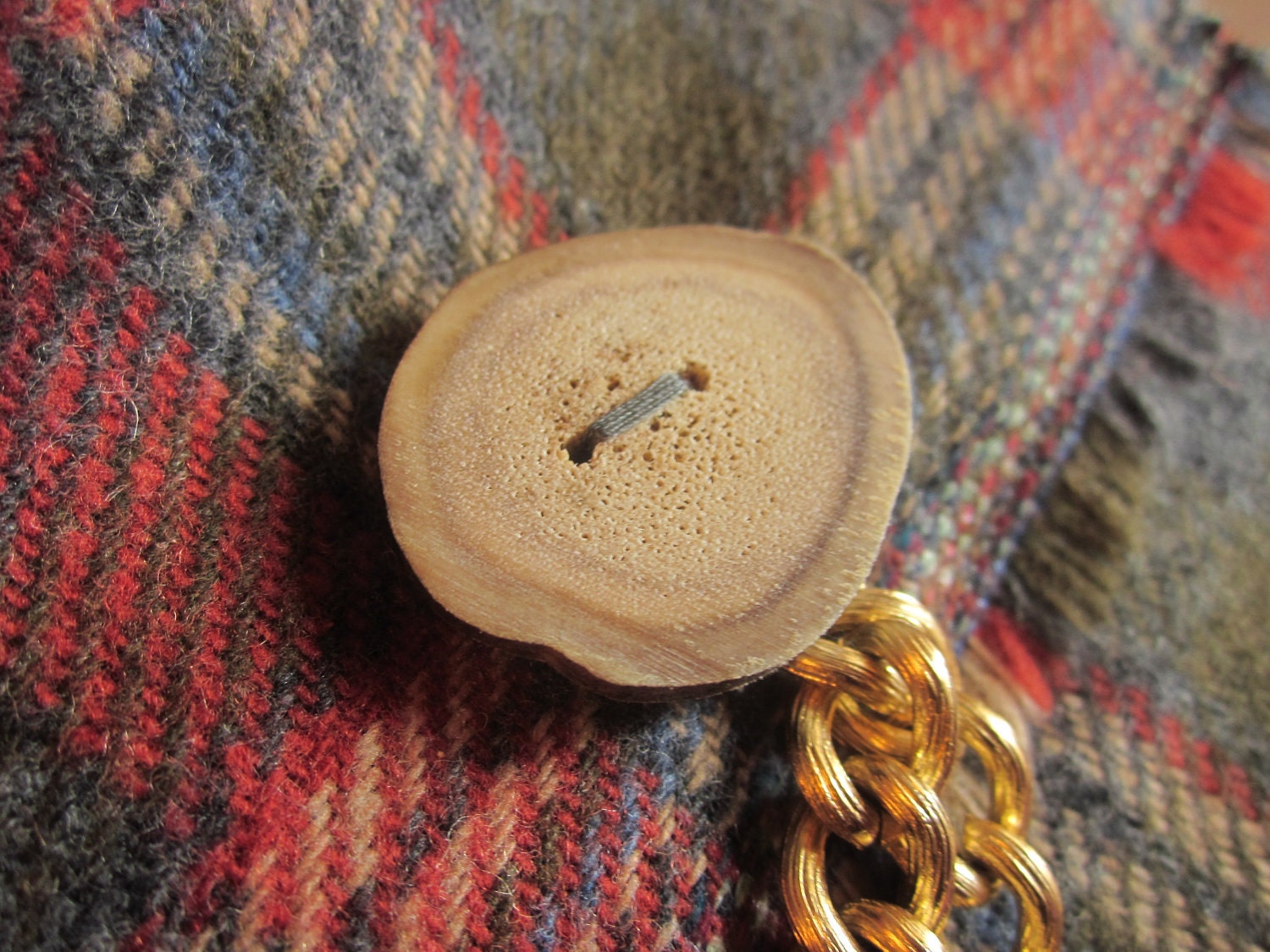 Infinity Scarf - Woodsman Couture - Wool and Acrylic Plaid Coating, Authentic Antler Button and Chunky Gold Plated Chain