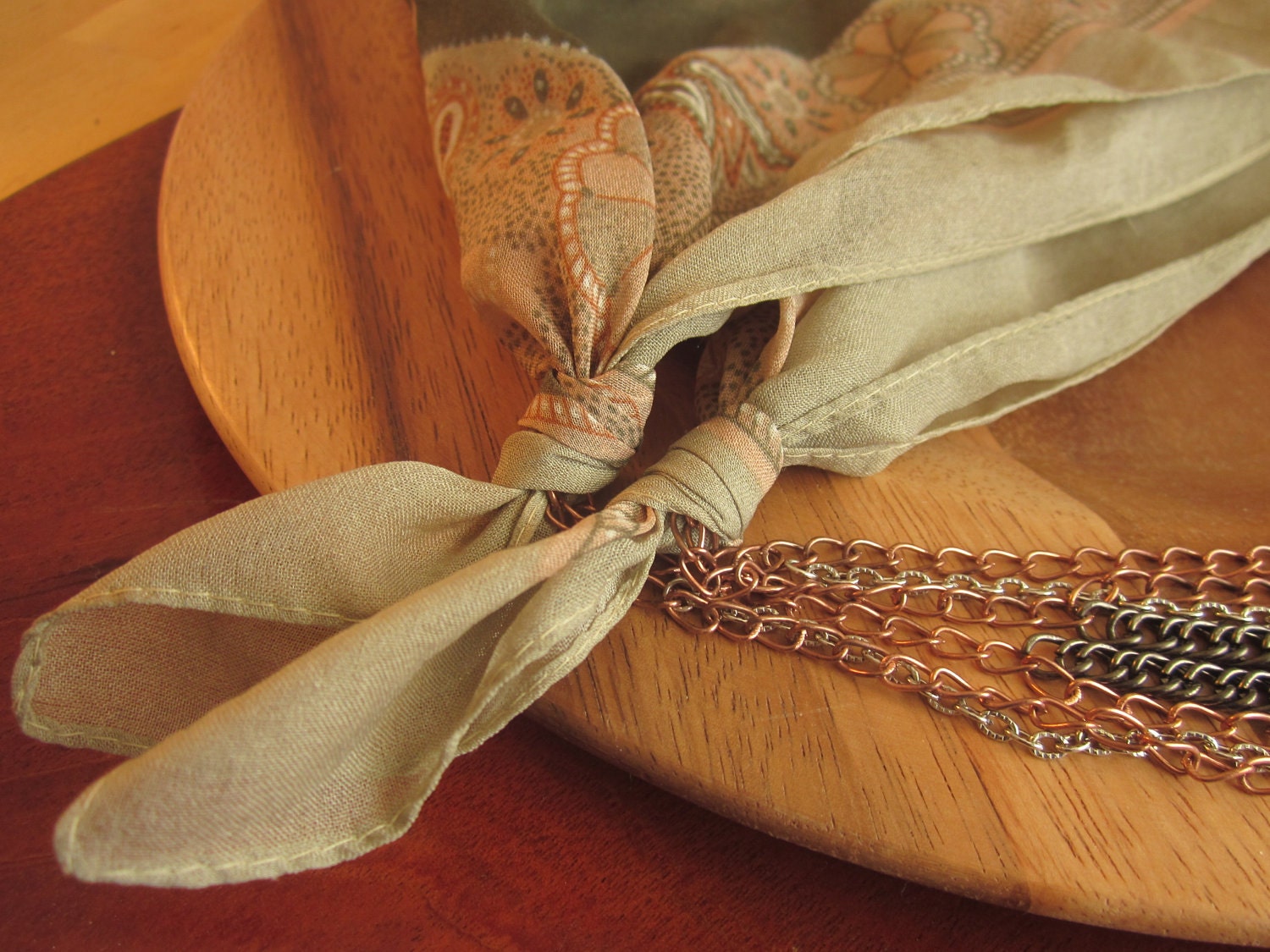 Vintage Upcycled Drape Chain Scarf - Coral Pink, Forest Green and Light Taupe Scarf with Copper, Silver and Gunmetal Chain