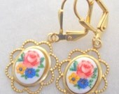 Pink rose porcelain dangle earrings  -choose your setting