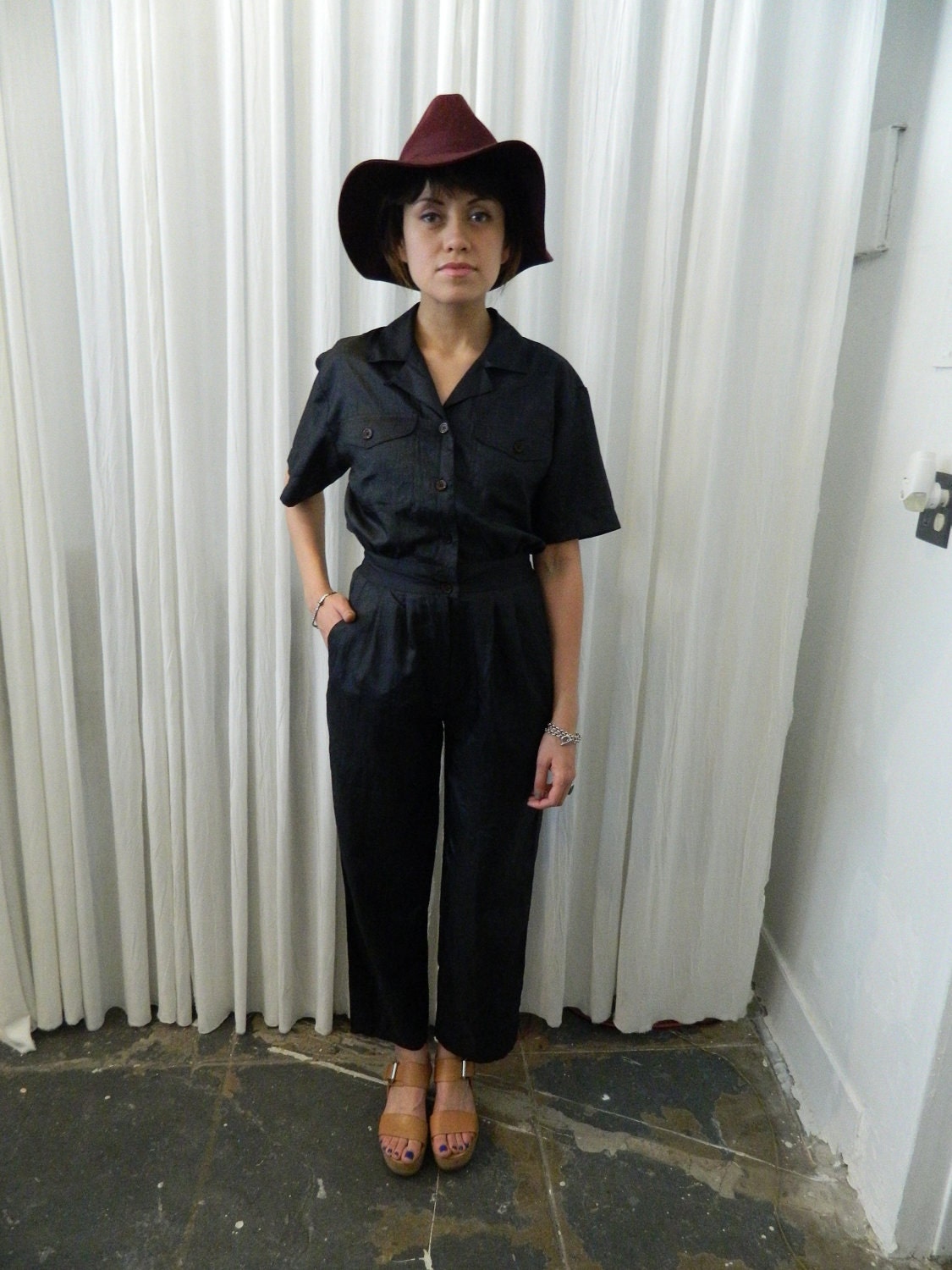 Vintage Black PANTSUIT (one piece) - lightweight, hip, chic, fashion